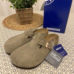 NWT Birkenstock Boston Taupe Suede Leather Soft Footbed Clogs Shoes